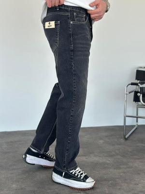 Beyaz Dikişli Füme Taşlamalı Baggy Jean