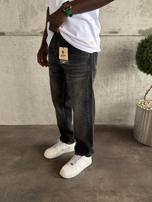 Beyaz Dikişli Füme Taşlamalı Baggy Jean