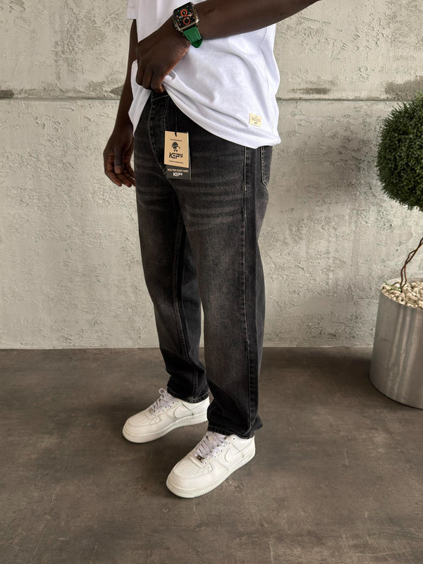 Beyaz Dikişli Füme Taşlamalı Baggy Jean