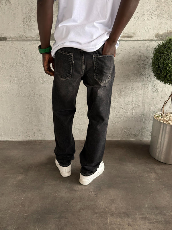 Beyaz Dikişli Füme Taşlamalı Baggy Jean