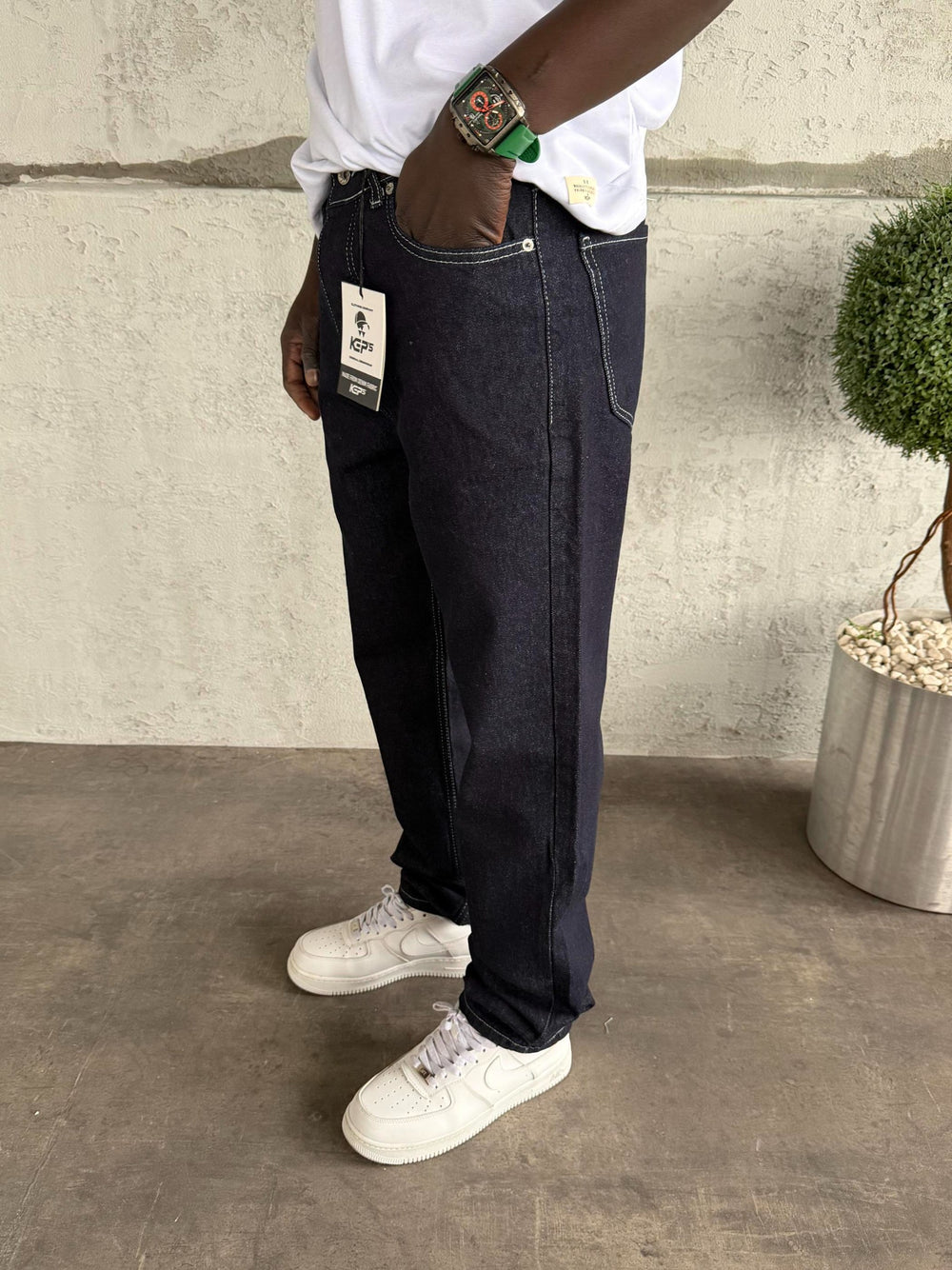 Beyaz Dikişli Koyu Lacivert Baggy Jean