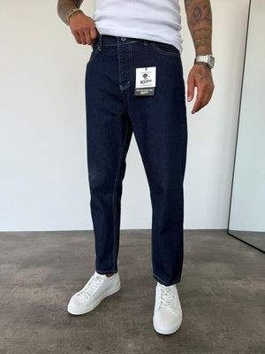 Beyaz Dikişli Koyu Lacivert Boyfriend Jean