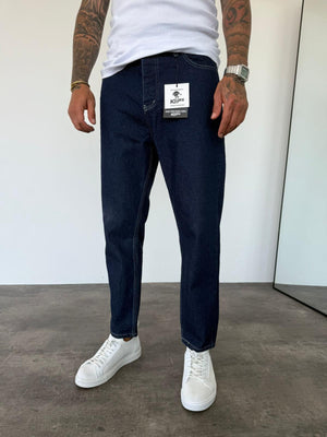 Beyaz Dikişli Koyu Lacivert Boyfriend Jean