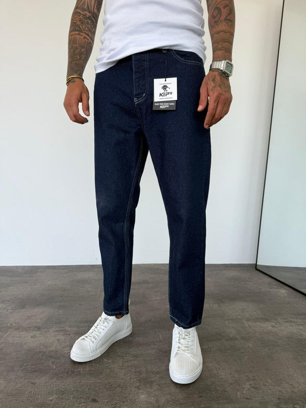 Beyaz Dikişli Koyu Lacivert Boyfriend Jean