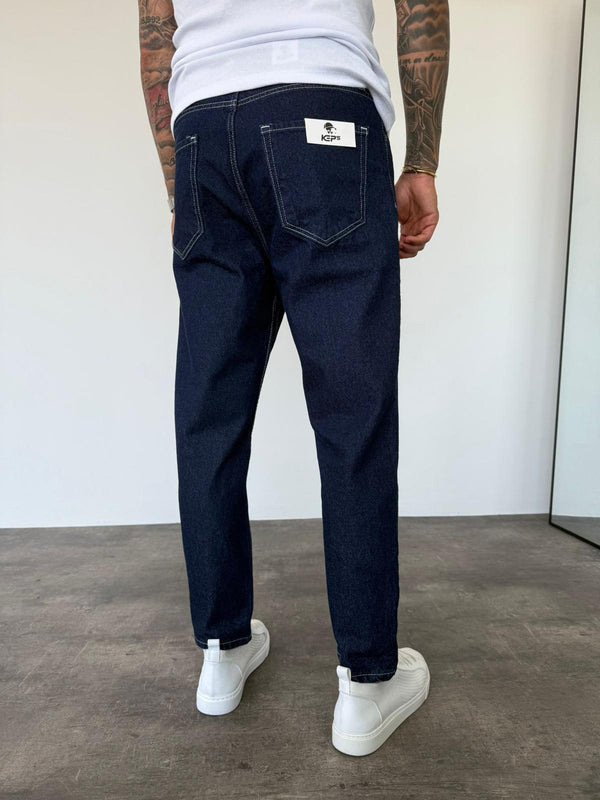 Beyaz Dikişli Koyu Lacivert Boyfriend Jean
