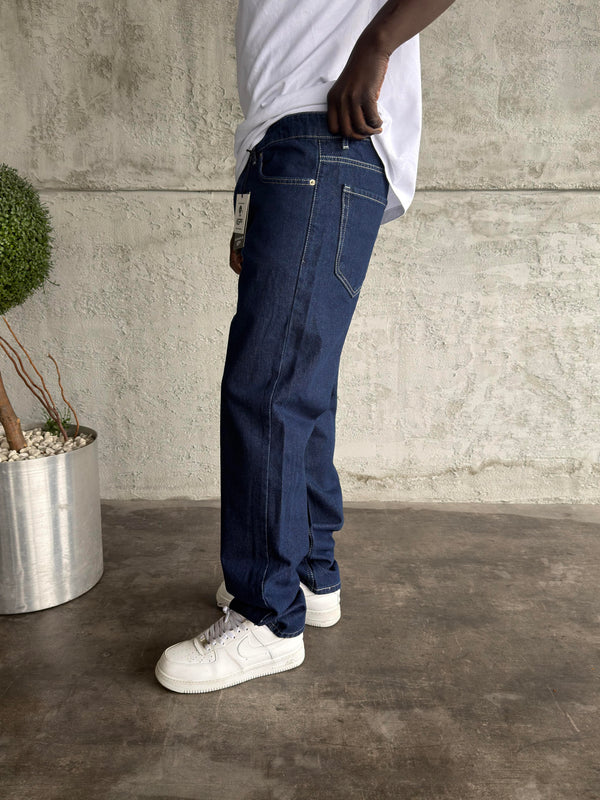 Beyaz Dikişli Lacivert Baggy Jean