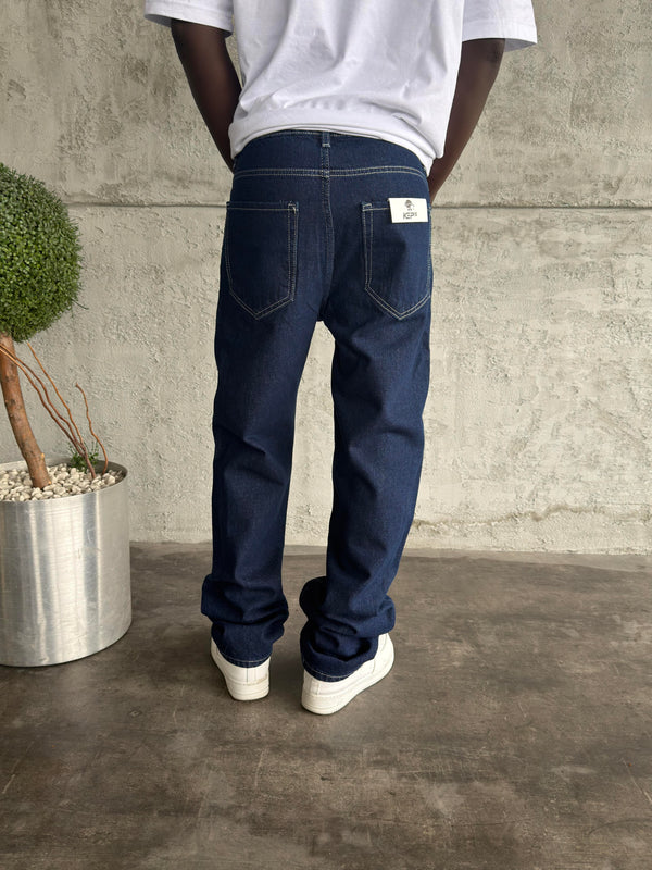 Beyaz Dikişli Lacivert Baggy Jean