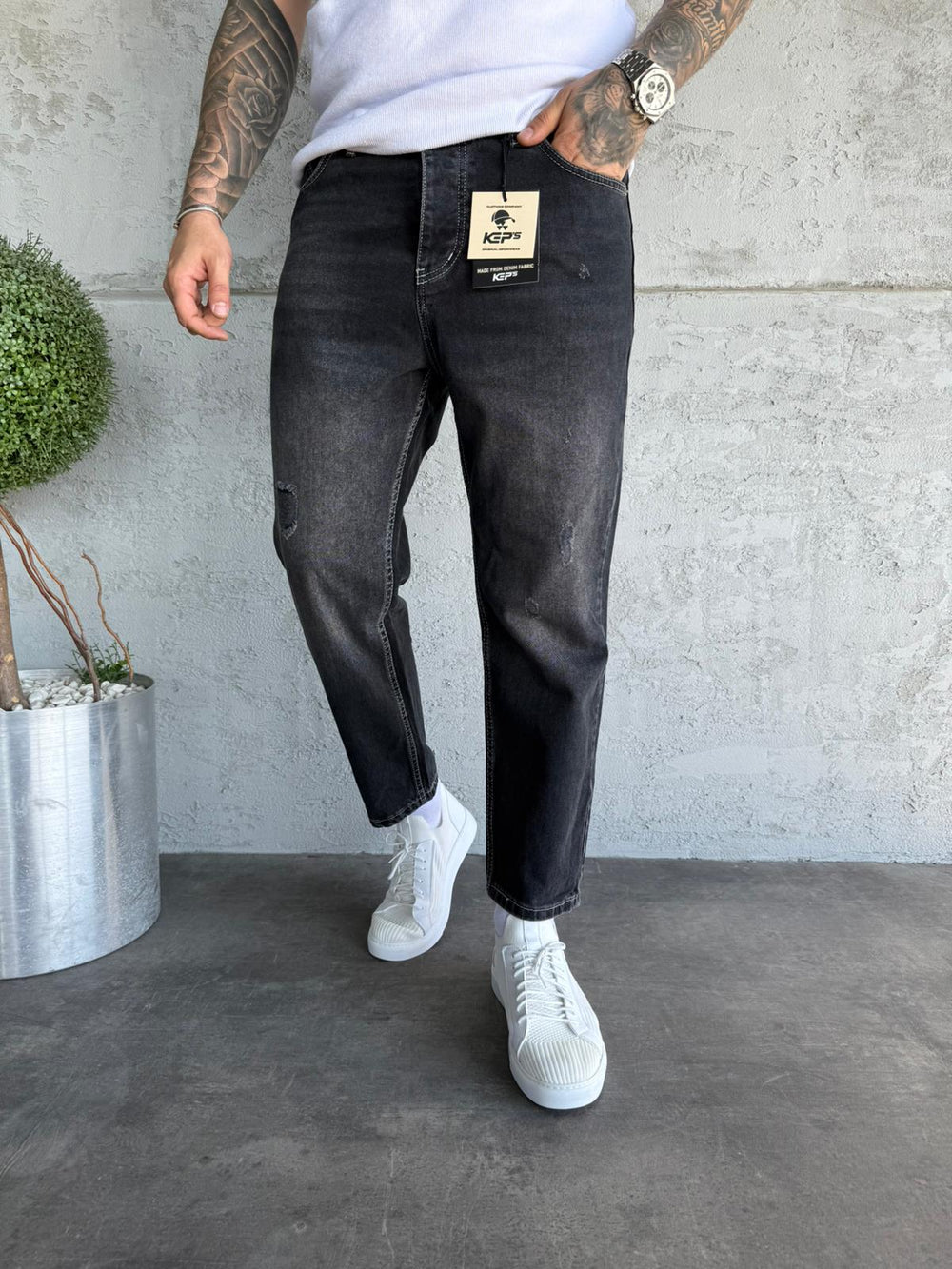 Beyaz Dikişli Lazer Detaylı Füme Boyfriend Jean