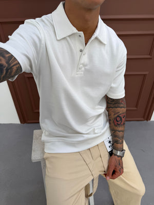 Beyaz Düğme Detaylı Polo Yaka T-Shirt
