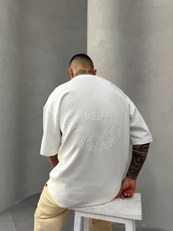 Beyaz Kabartma Baskılı Oversize T-Shirt