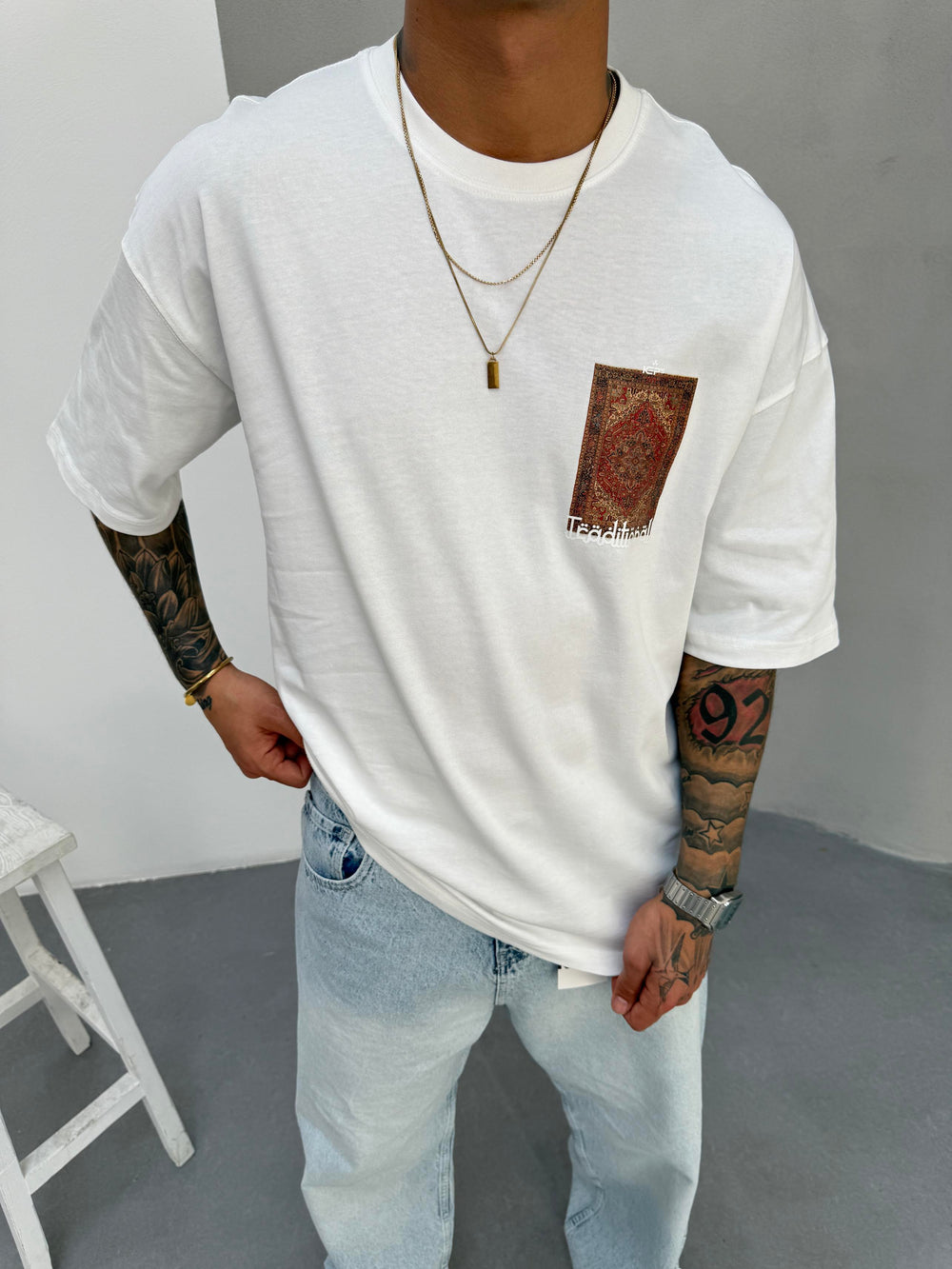 Beyaz Oversize Baskılı T-Shirt