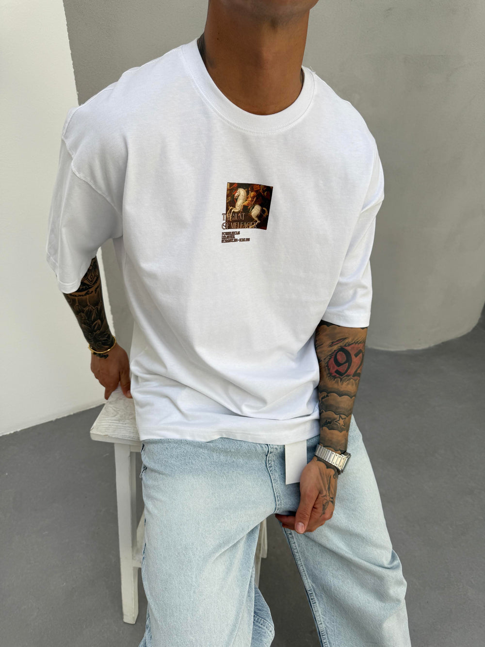 Beyaz Oversize Baskılı T-Shirt