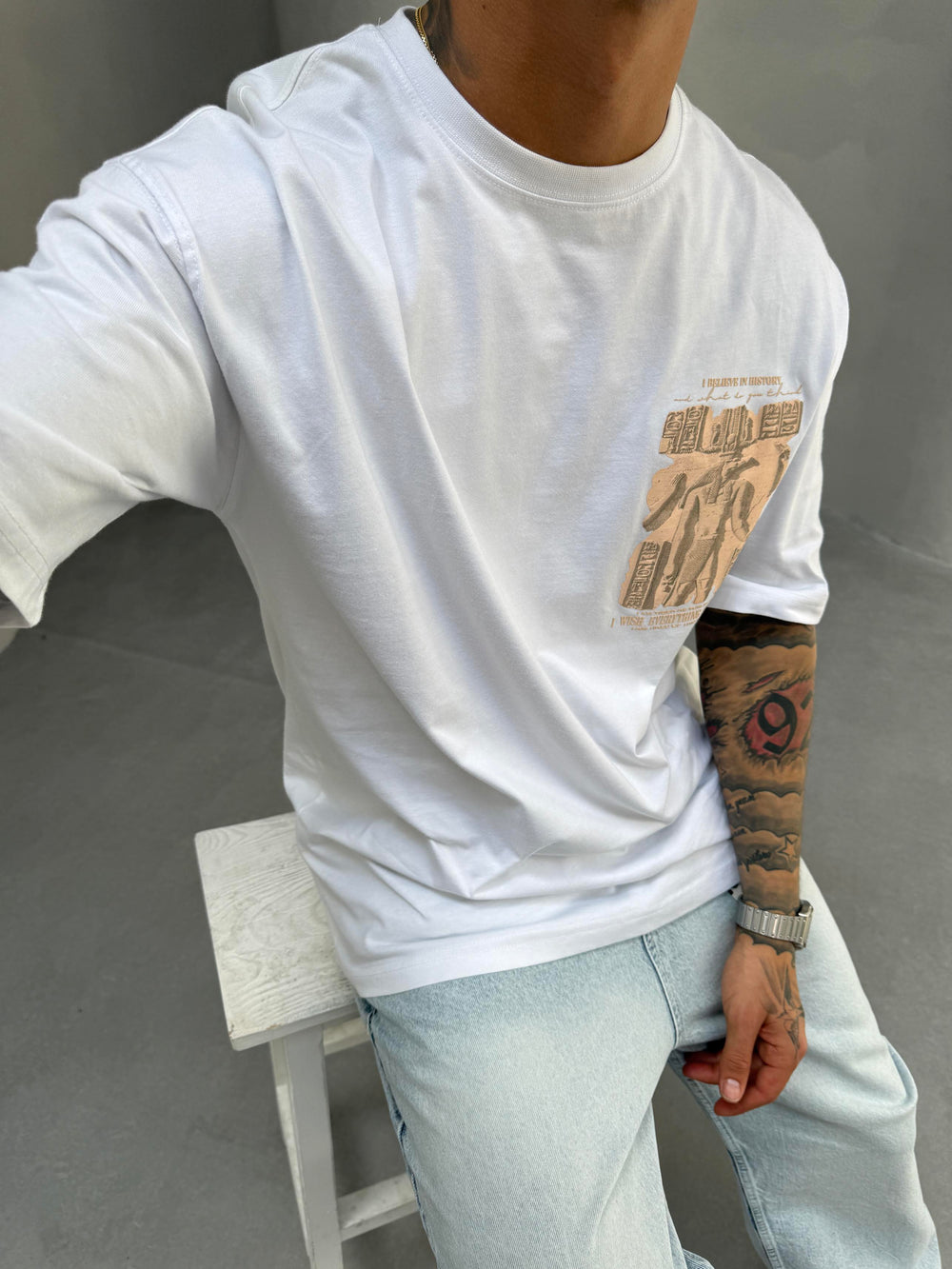 Beyaz Oversize Baskılı T-Shirt