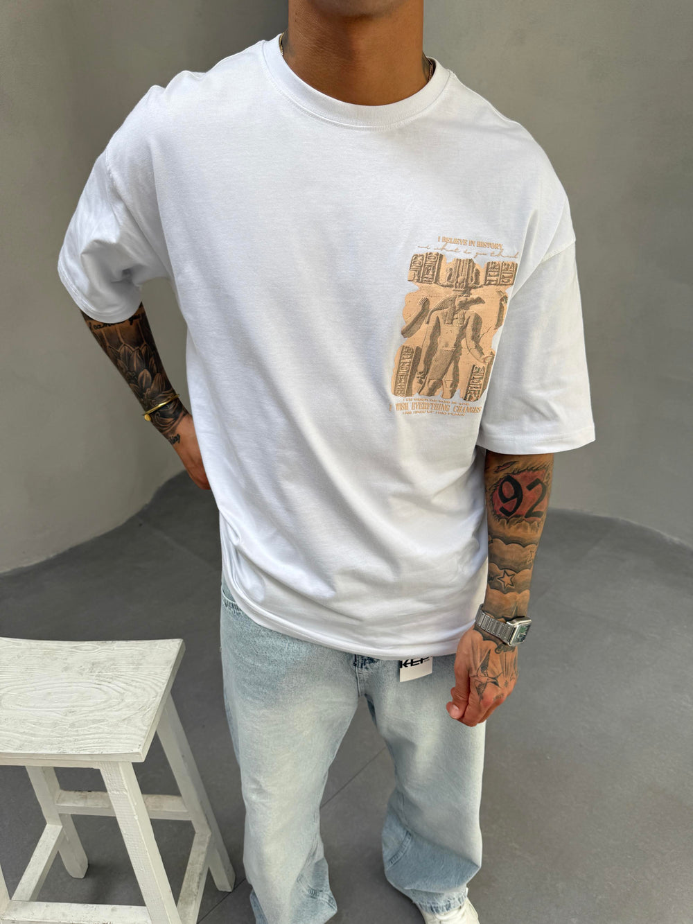 Beyaz Oversize Baskılı T-Shirt