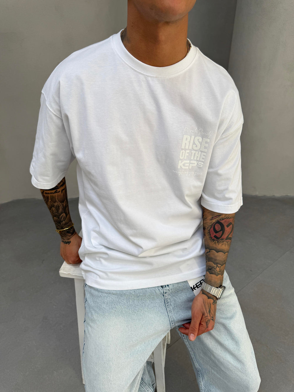 Beyaz Oversize Baskılı T-Shirt