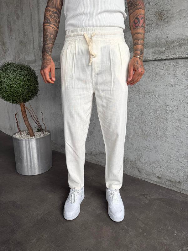 Beyaz Pileli Boyfriend Keten Pantolon