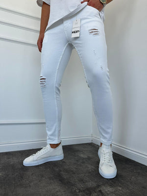 Beyaz Yırtık Detaylı Slimfit Jean