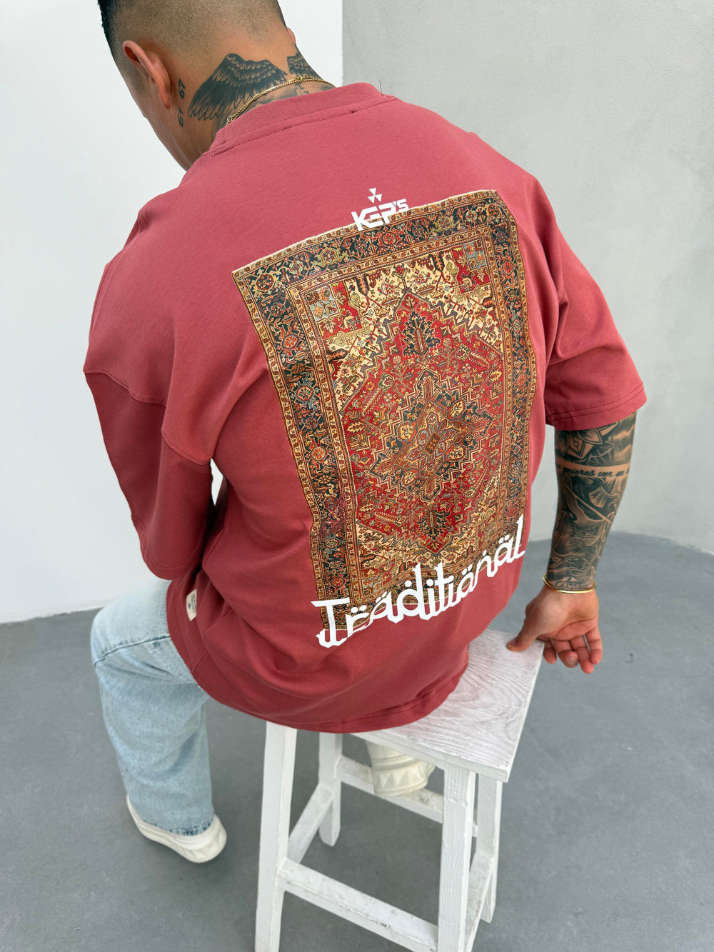 Bordo Oversize Baskılı T-Shirt