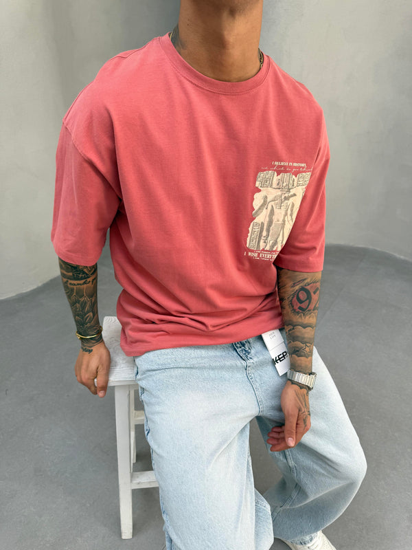 Bordo Oversize Baskılı T-Shirt