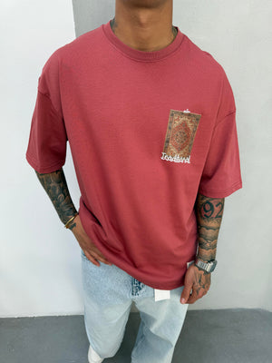 Bordo Oversize Baskılı T-Shirt