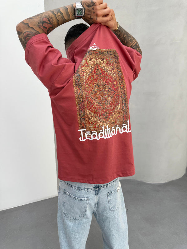 Bordo Oversize Baskılı T-Shirt