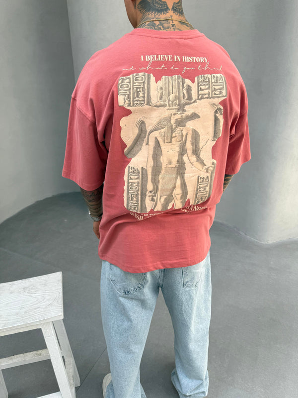 Bordo Oversize Baskılı T-Shirt