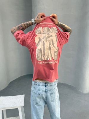 Bordo Oversize Baskılı T-Shirt