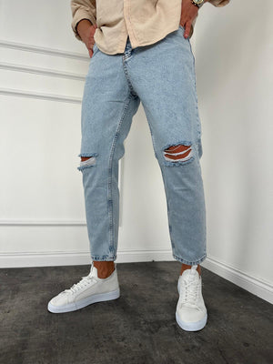 Buz Mavi Diz Yırtık Boyfriend Jean