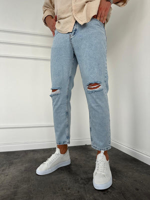 Buz Mavi Diz Yırtık Boyfriend Jean