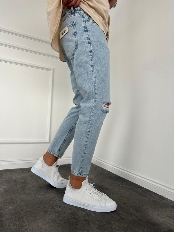 Buz Mavi Diz Yırtık Boyfriend Jean