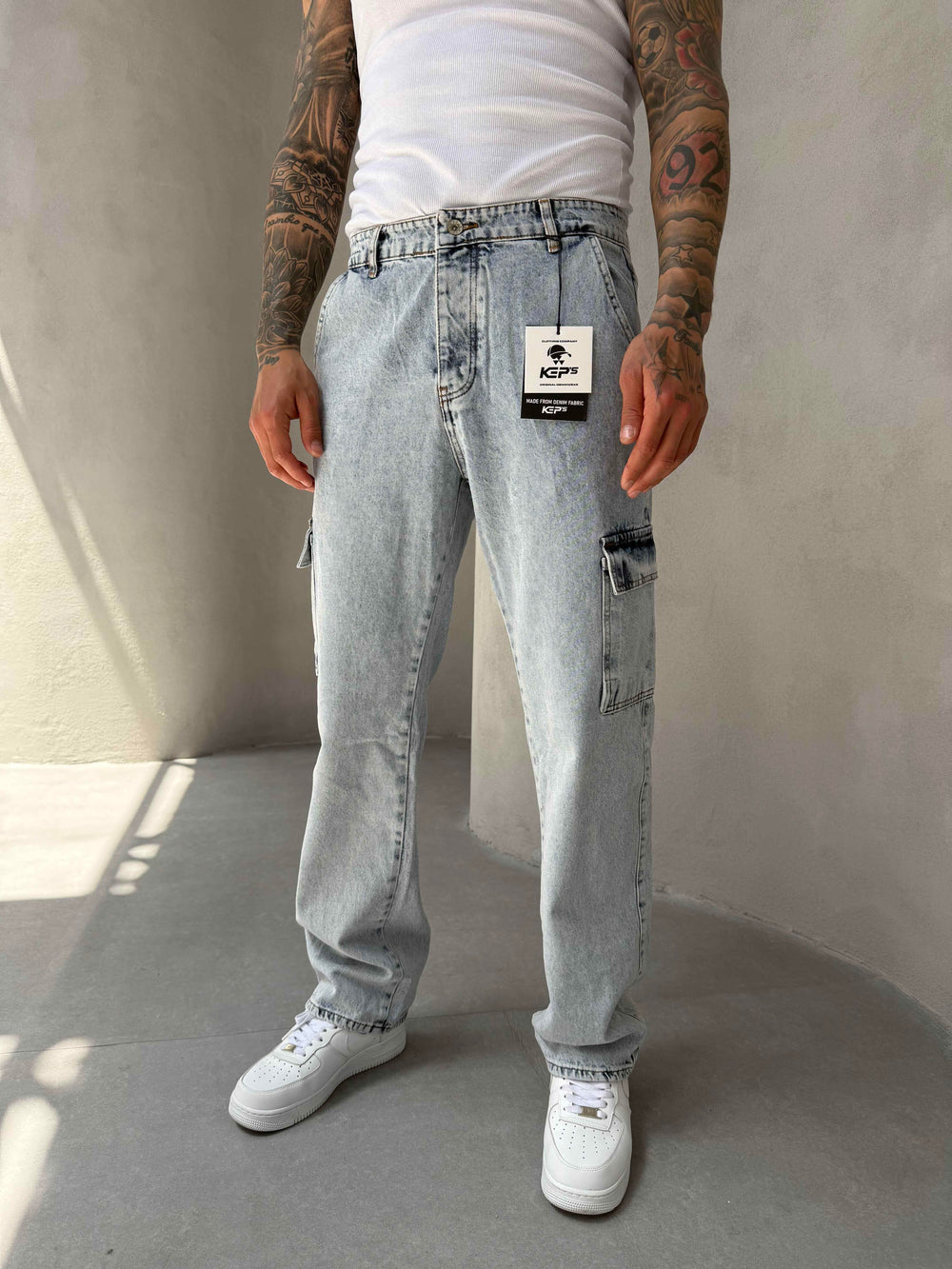 Buz Mavi Kargo Cep Baggy Jean