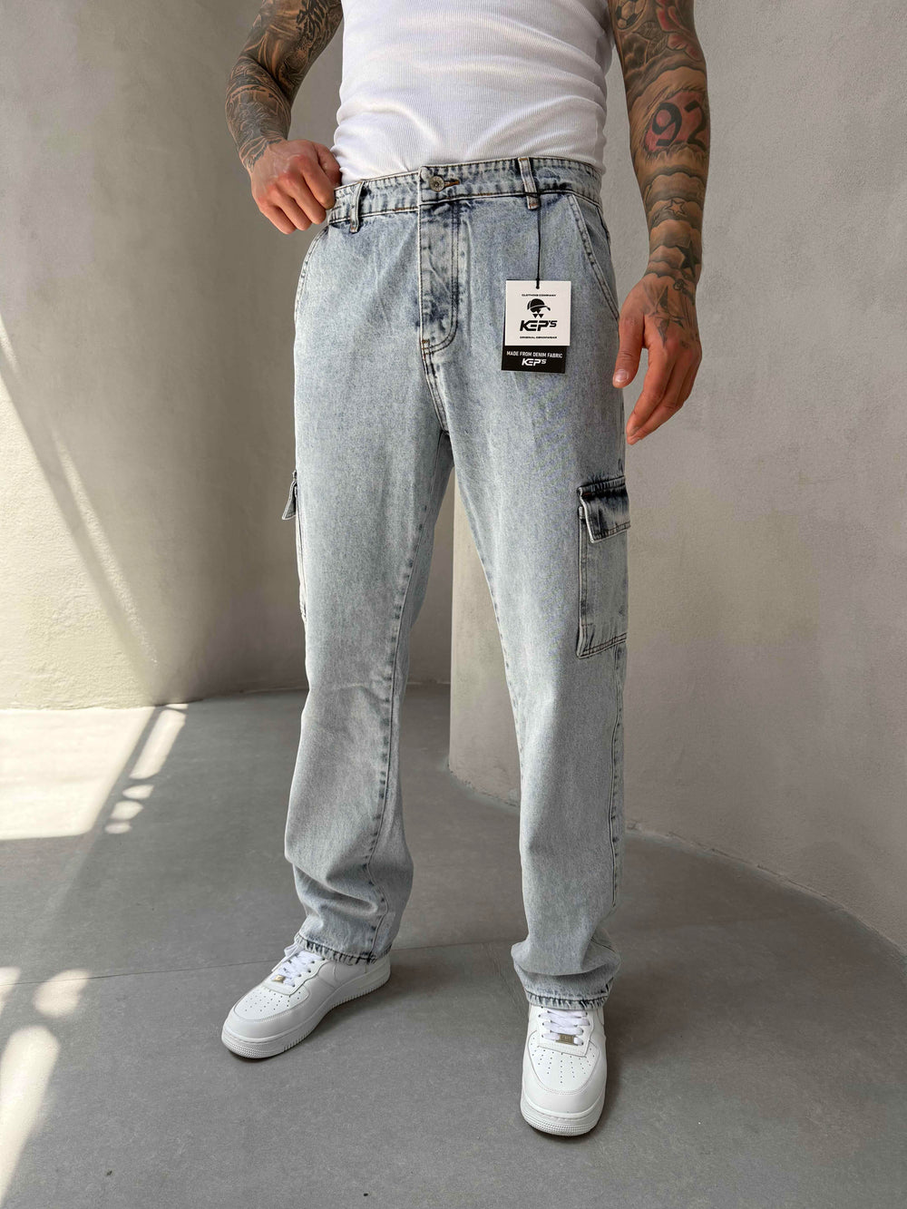 Buz Mavi Kargo Cep Baggy Jean
