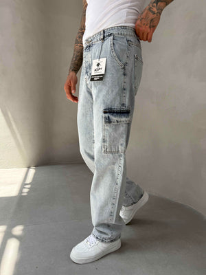 Buz Mavi Kargo Cep Baggy Jean