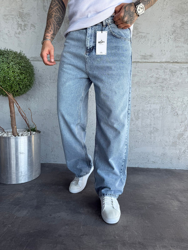 Buz Mavi Yıkamalı Relax Baggy Jean