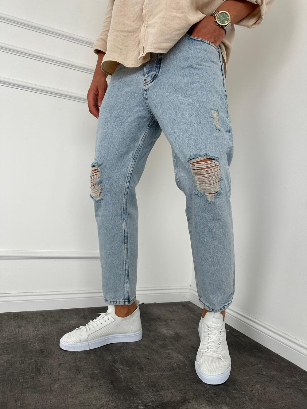 Buz Mavi Yırtıklı Boyfriend Jean