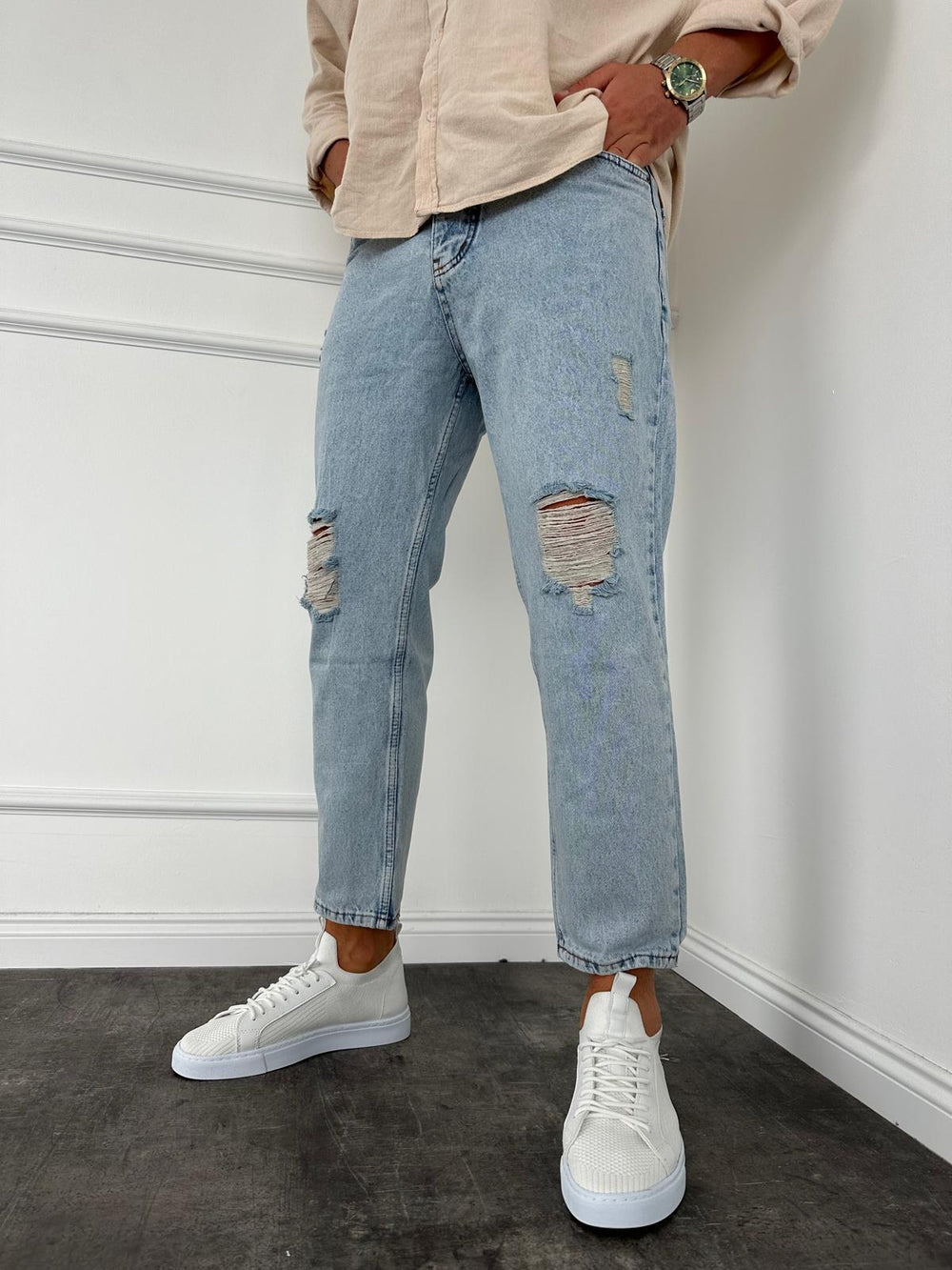Buz Mavi Yırtıklı Boyfriend Jean