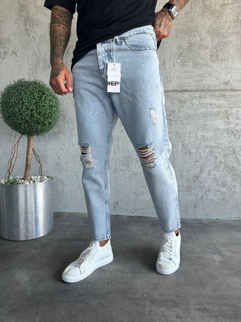 Buz Mavi Yırtıklı Boyfriend Jean