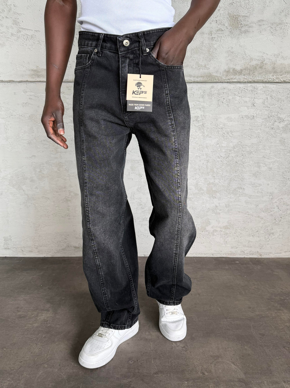 Dikiş Detaylı Antrasit Taşlamalı Relax Baggy Jean