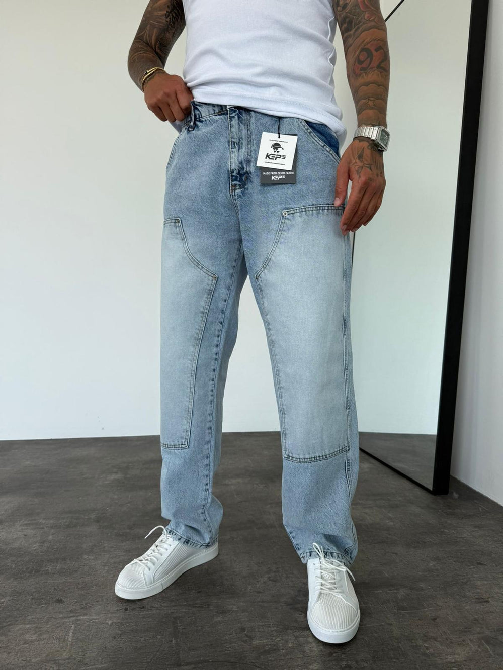 Dikiş Detaylı Buz Mavi Relax Baggy Jean