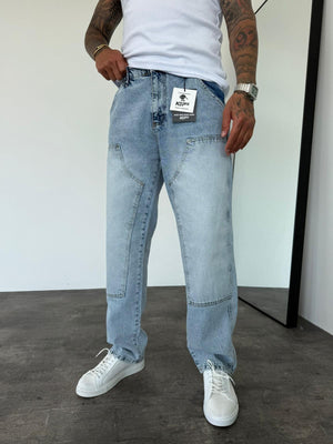 Dikiş Detaylı Buz Mavi Relax Baggy Jean