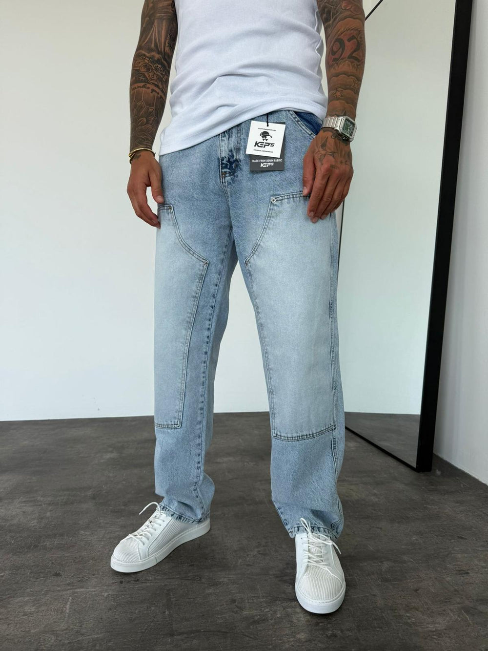 Dikiş Detaylı Buz Mavi Relax Baggy Jean