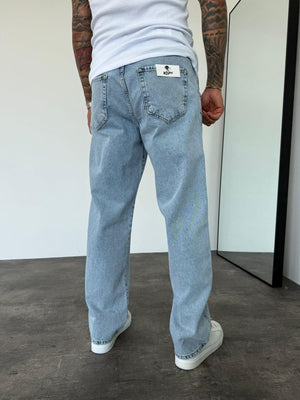 Dikiş Detaylı Buz Mavi Relax Baggy Jean