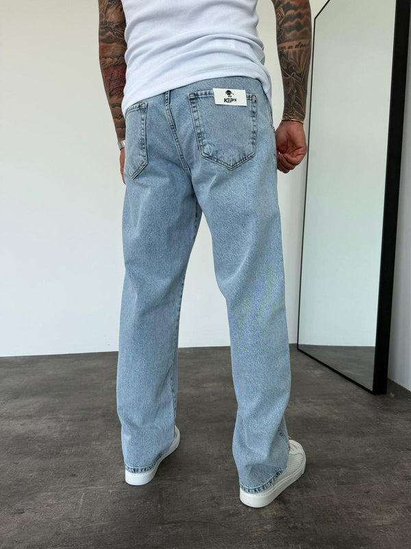Dikiş Detaylı Buz Mavi Relax Baggy Jean