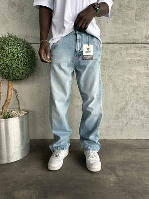 Dikiş Detaylı Buz Mavi Relax Baggy Jean