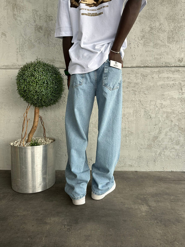 Dikiş Detaylı Buz Mavi Relax Baggy Jean