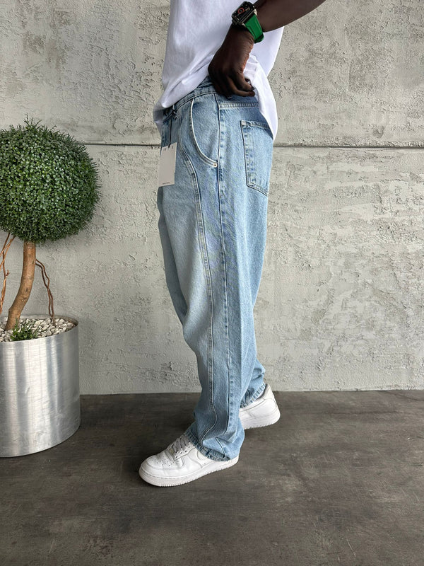 Dikiş Detaylı Buz Mavi Relax Baggy Jean