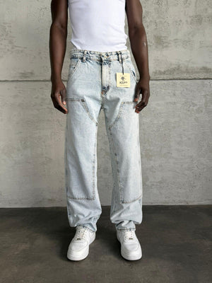 Dikiş Detaylı Buz Mavi Relax Baggy Jean