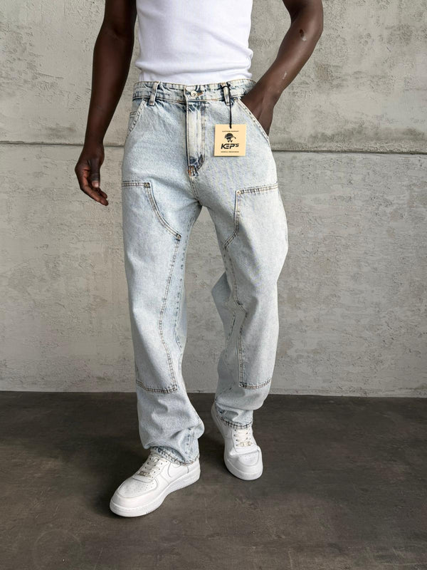 Dikiş Detaylı Buz Mavi Relax Baggy Jean