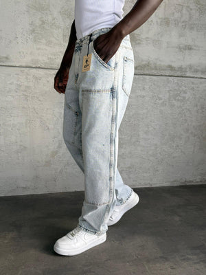 Dikiş Detaylı Buz Mavi Relax Baggy Jean