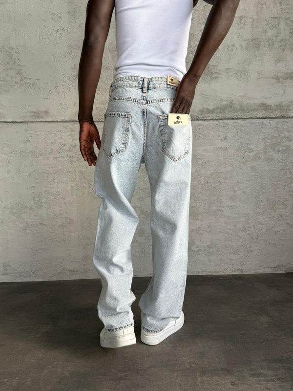 Dikiş Detaylı Buz Mavi Relax Baggy Jean